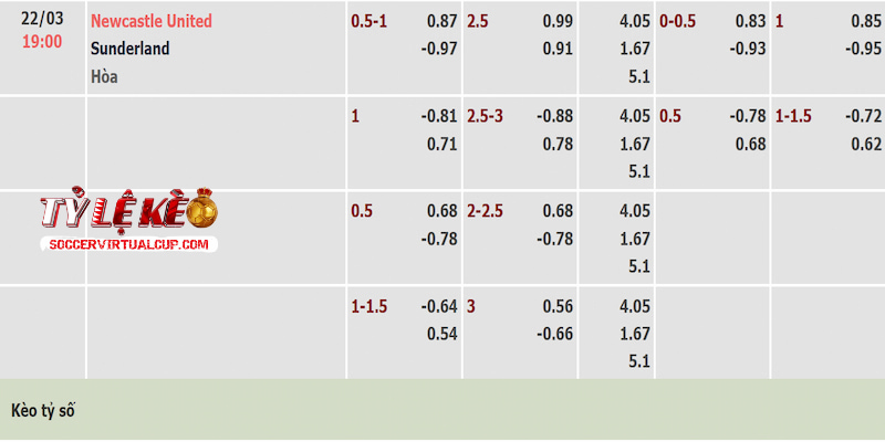 Tỷ lệ kèo trận Newcastle vs Sunderland